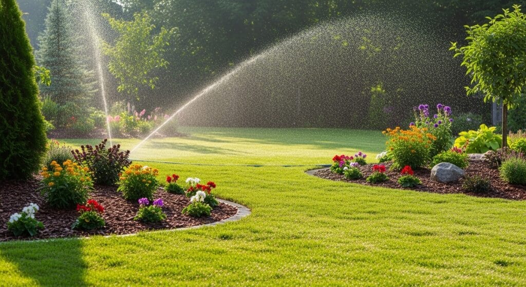 Sprinklers watering a freshly laid sod lawn surrounded by colorful flower beds in a landscaped backyard, illustrating proper care for new sod and plantings.