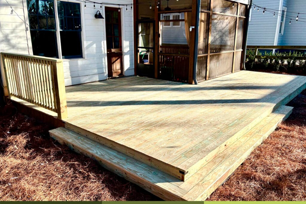 a deck with a porch and a porch