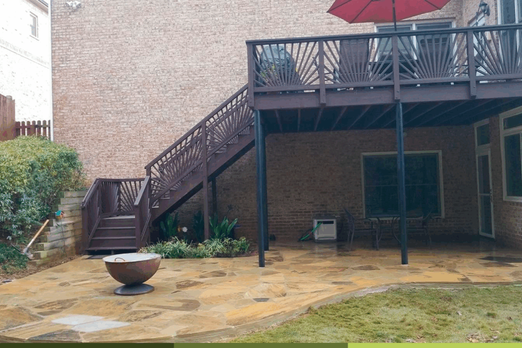 Backyard with deck and fire pit